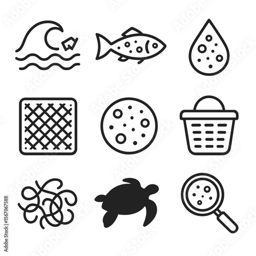 Microplastic Pollution Icons. Outline icon set of microplastic contamination: ocean wave with plastic fragment, fish with