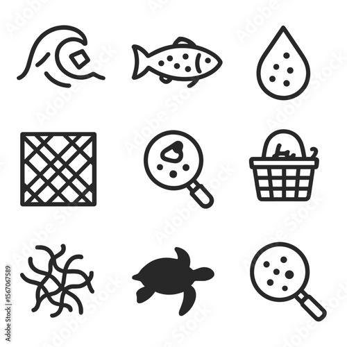Microplastic Pollution Icons. Outline icon set of microplastic contamination: ocean wave with plastic fragment, fish with