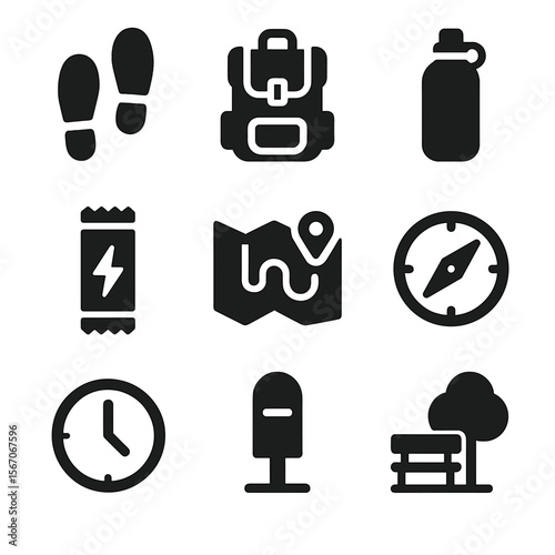 Journey Icon Set. Solid, filled icon set of journey progress: footsteps, backpack, water flask, energy bar, map, compass, clock,