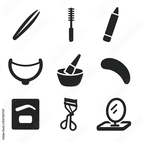 Beauty Tool Icons. Solid, filled icons set of eyebrow and lash services: tweezer icon, lash wand, brow pencil,