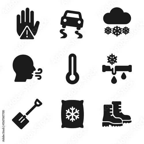 Cold Weather Icons. Solid, filled icon set of cold weather hazards: frostbite warning, icy road, snowstorm, wind chill,