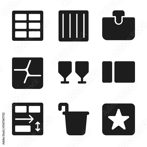 Customizable Drawer Icons. Solid, filled icons set of customizable drawer organizers: tray grid, slot layout,