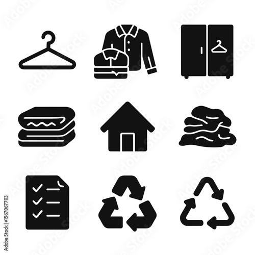Decluttering Icons Set. Solid, filled icons set of decluttering wardrobe: coat hanger, jacket stack, donate