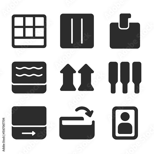 Customizable Drawer Icons. Solid, filled icons set of customizable drawer organizers: tray grid, slot layout,