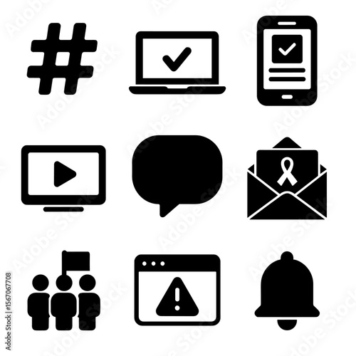 Digital Activism Tools. Solid, filled icons set of online activism tools: hashtag icon, laptop screen, mobile