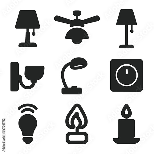 Bedroom Lighting Icons. Solid, filled icons set of bedroom lighting options: table lamp, ceiling fan light,