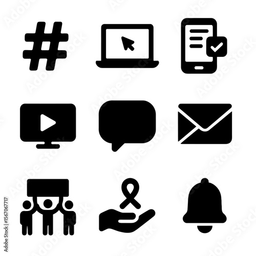 Digital Activism Tools. Solid, filled icons set of online activism tools: hashtag icon, laptop screen, mobile