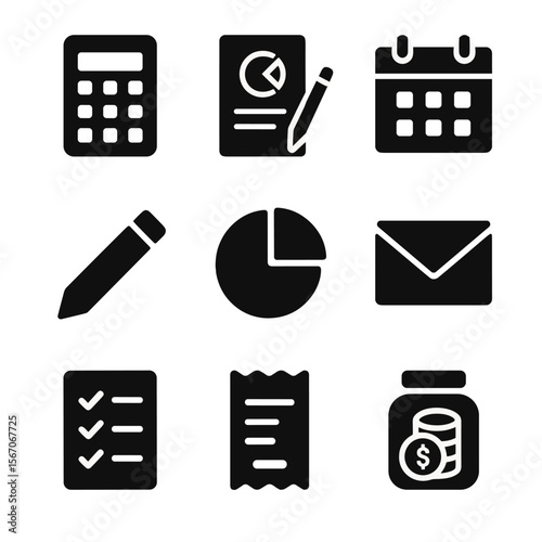 Budget Tools Icons. Solid, filled icon set of personal budgeting tools: calculator, budget sheet, calendar, pencil, pie chart,