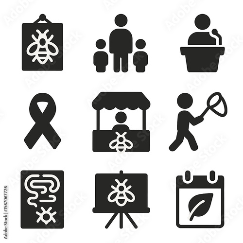 Bee Education Icons. Solid, filled icons set of education and outreach for bee awareness: bee poster, school