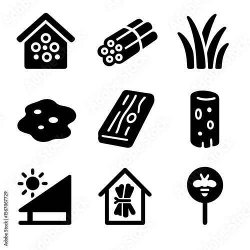 Bee Habitat Icons. Solid, filled icons set of wild bee nesting support: bee hotel, nesting tube, dry grass,