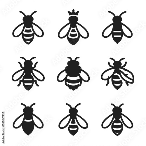 Bee Icons Collection. Solid, filled icons set of types of bees in pollination: worker bee, queen bee, drone
