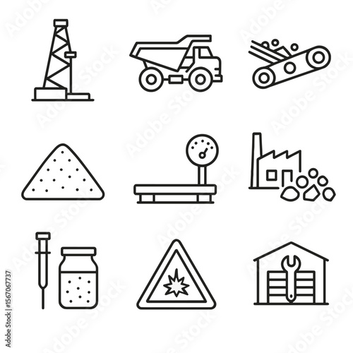 Mine Site Icons. Outline icon set of mine site logistics: drilling rig, haul truck, conveyor belt, stockpile mound, weighbridge,