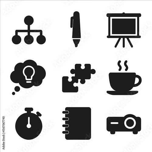 Brainstorming Icons Grid. Solid, filled icon set of creative brainstorming tools: mind map, marker pen, flip chart, idea cloud,