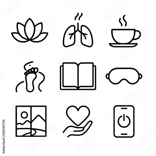 Mindfulness Icon Set. Outline icon set of mindfulness and self-care practices: lotus flower, mindful breathing lungs, soothing tea