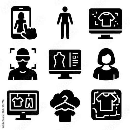 Digital Fashion Icons. Solid, filled icons set of digital fashion for sustainability: virtual try-on, 3D model