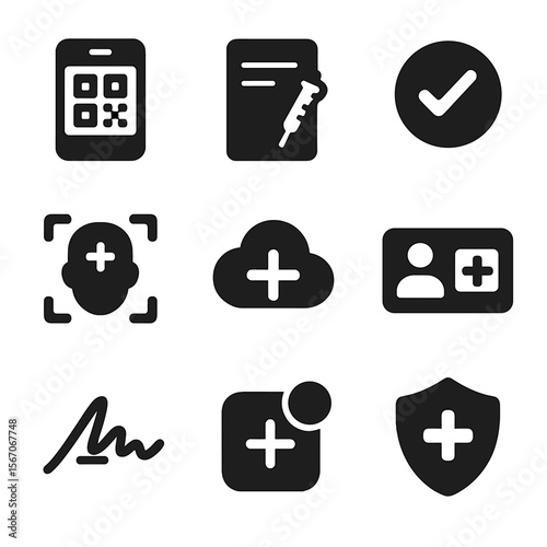 Digital Health Passport Icons. Solid, filled icons set of digital health passports: smartphone with QR code,