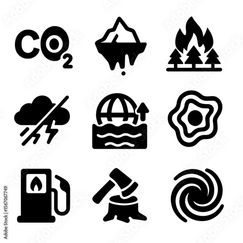 Climate Change Icons. Solid, filled icon set of climate change indicators: CO2 molecule, melting iceberg, wildfire, extreme
