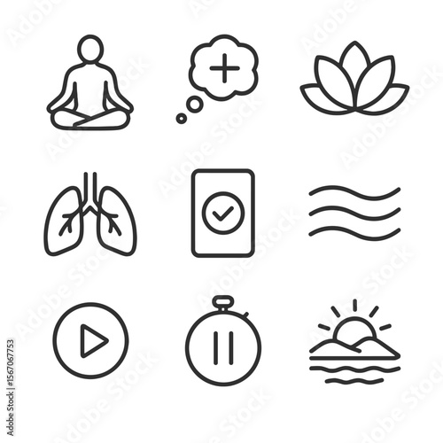 Mindfulness Icon Set. Outline icon set of mindfulness and positive affirmation: meditation pose silhouette, thought bubble with