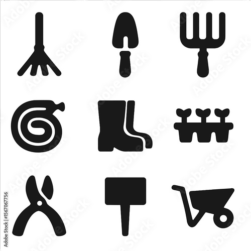 Kids' Gardening Tools. Solid, filled icon set of gardening tools for kids: rake, trowel, garden fork, watering hose, garden boots,