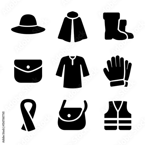 Icon Collection Display. Solid, filled icon set of shepherd clothing: wide-brim hat, wool cloak, leather boots, belt pouch, tunic,