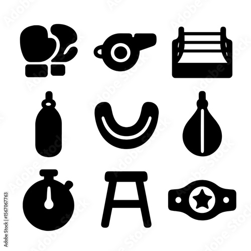 Boxing Icon Set. Solid, filled icon set of in the ring: boxing gloves, referee whistle, boxing ring, punching bag, mouthguard,
