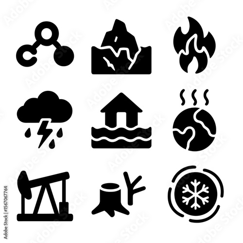 Climate Change Icons. Solid, filled icon set of climate change indicators: CO2 molecule, melting iceberg, wildfire, extreme