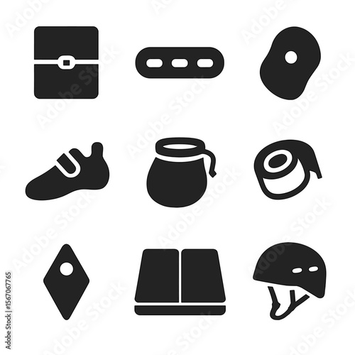 Climbing Gear Icons. Solid, filled icon set of climbing and bouldering: bouldering pad, finger grip, rock hold, climbing shoe,