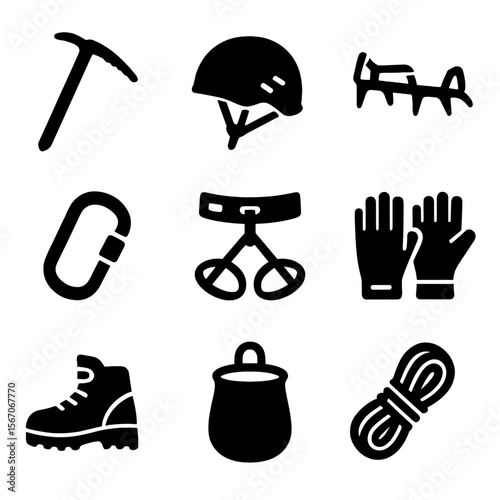 Climbing Gear Icons. Solid, filled icon set of mountain climbing gear: ice axe, helmet, crampons, carabiner, harness, gloves,