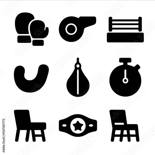 Boxing Icon Set. Solid, filled icon set of in the ring: boxing gloves, referee whistle, boxing ring, punching bag, mouthguard,