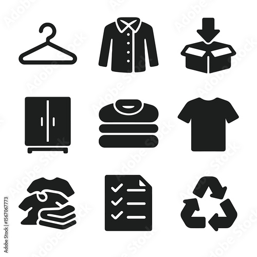 Decluttering Icons Set. Solid, filled icons set of decluttering wardrobe: coat hanger, jacket stack, donate