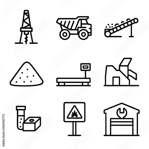 Mine Site Icons. Outline icon set of mine site logistics: drilling rig, haul truck, conveyor belt, stockpile mound, weighbridge,