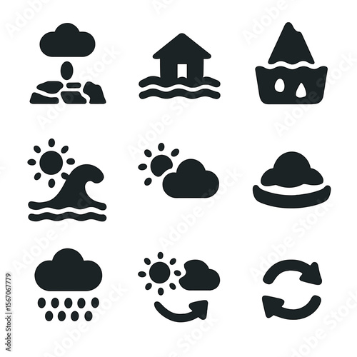 Climate Change Icons. Solid, filled icon set of climate effects on water cycle: drought symbol, flood level, melting glacier,