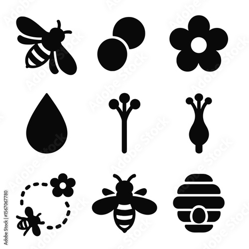 Bee Pollination Icons. Solid, filled icons set of the role of bees in pollination: honeybee, pollen basket,