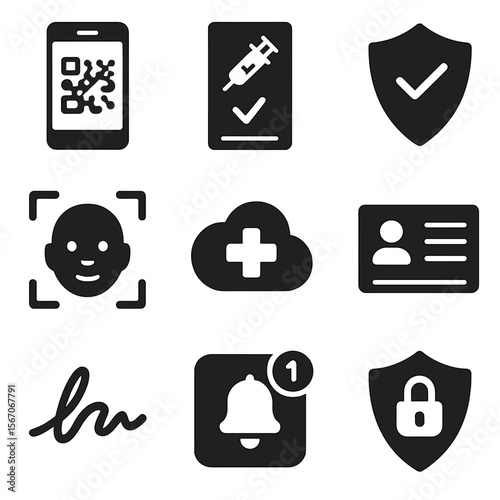 Digital Health Passport Icons. Solid, filled icons set of digital health passports: smartphone with QR code,
