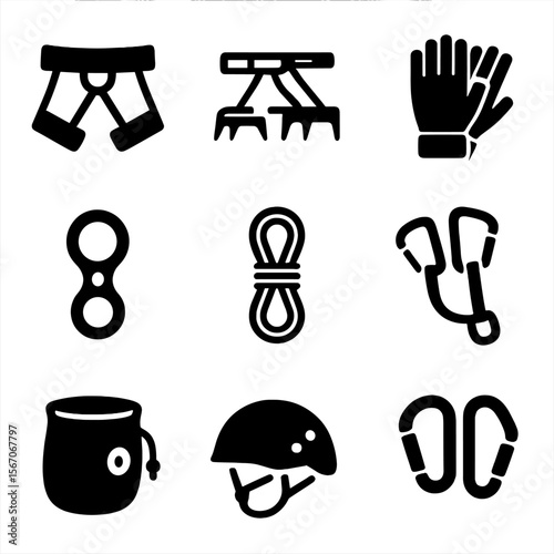 Climbing Gear Icons. Solid, filled icon set of mountain climbing equipment: harness, crampons, climbing gloves, belay device, rope
