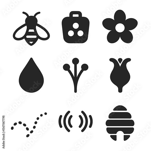 Bee Pollination Icons. Solid, filled icons set of the role of bees in pollination: honeybee, pollen basket,