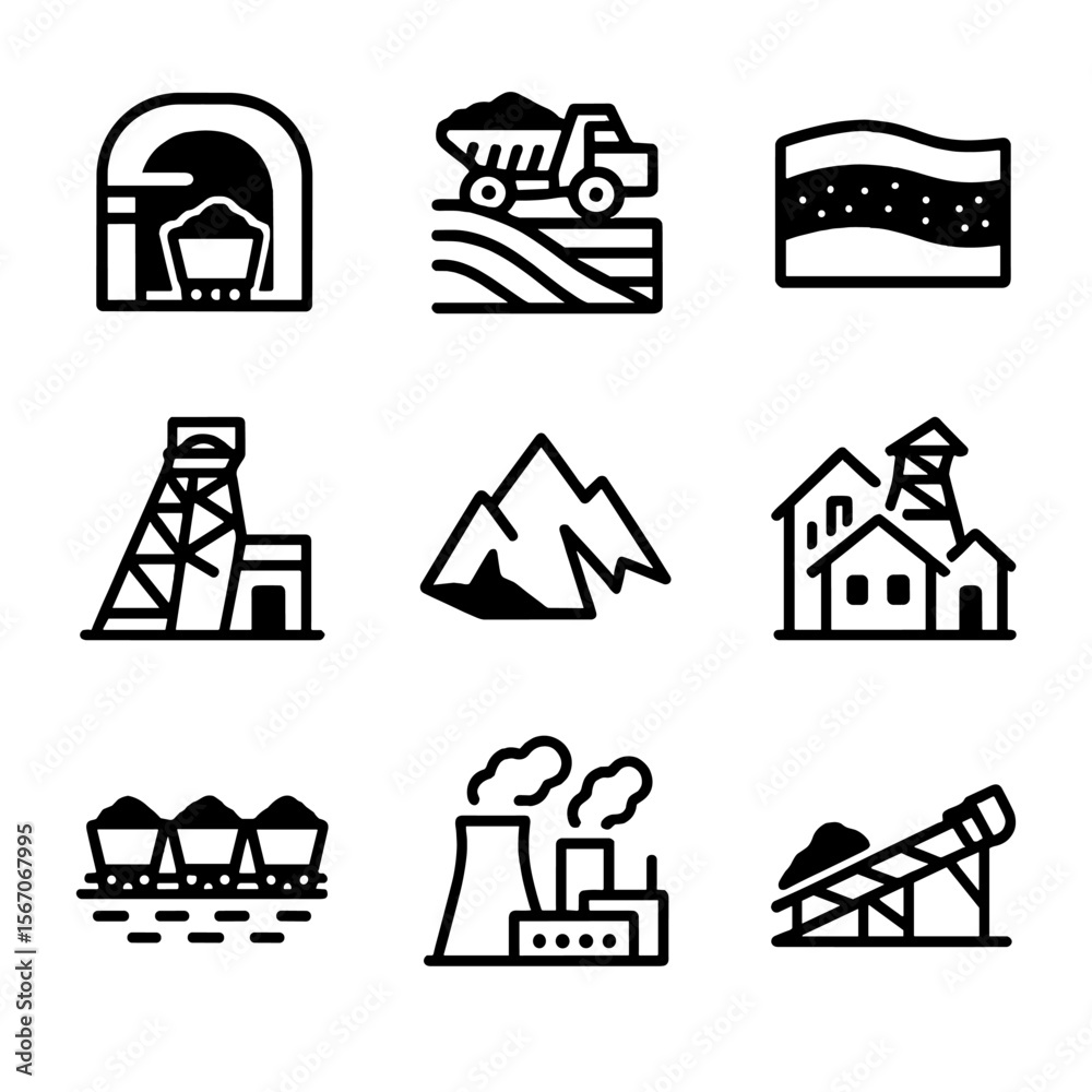 Naklejka premium Coal Mining Icons. Solid, filled icon set of coal mining locations and geography: underground mine, open pit mine, coal seam,