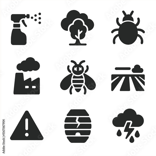 Bee Threat Icons. Solid, filled icons set of threats to bee pollinators: pesticide spray, habitat loss, mite