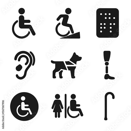 Disability Rights Icons. Solid, filled icons set of disability rights: wheelchair, accessible ramp, braille