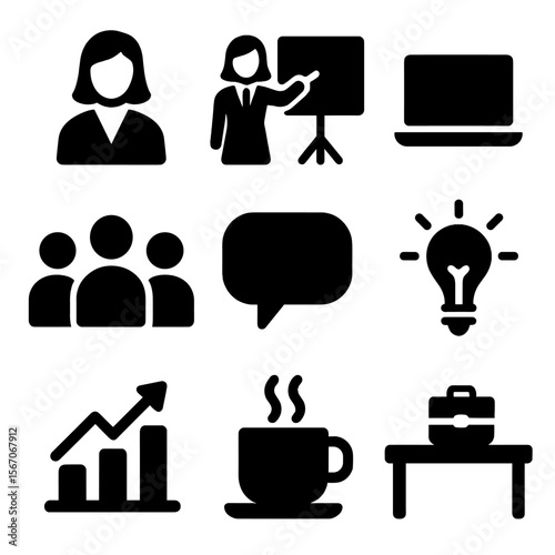 Business Meeting Icons. Solid, filled icon set of female entrepreneur leading a team meeting: businesswoman, presentation board,