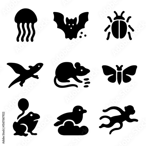 Airborne Creature Icons. Solid, filled icons set of airborne ecosystem creatures: sky-floating jelly,