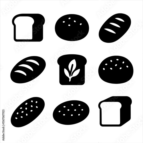 Bread Icons Grid. Solid, filled icon set of bread types: white bread, whole wheat, rye bread, multigrain, gluten-free, oat bread,