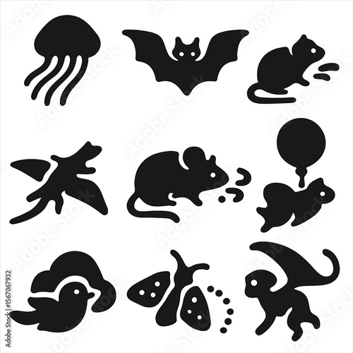 Airborne Creature Icons. Solid, filled icons set of airborne ecosystem creatures: sky-floating jelly,