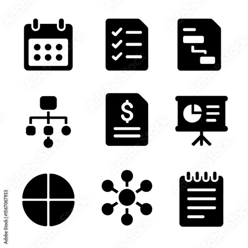 Business Planning Icons. Solid, filled icon set of business planning tools: calendar, checklist, gantt chart, flowchart, budget