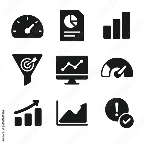 Business Metrics Icons. Solid, filled icon set of business goal metrics: KPI dial, metric report, data bar, goal funnel, analytics