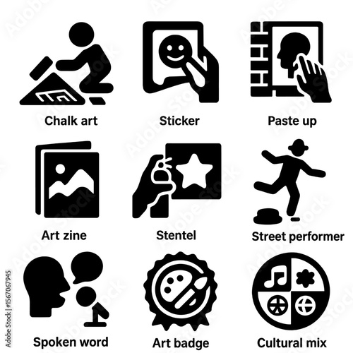 Alternative Art Icons. Solid, filled icons set of alternative art forms: chalk art, sticker icon, paste up,