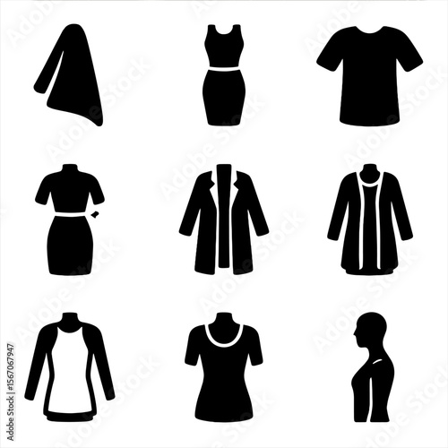 Clothing Interaction Icons. Solid, filled icon set of clothing and figure interaction: draped fabric, fitted dress, loose shirt,