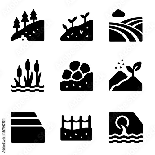 Landscape Restoration Icons. Solid, filled icon set of erosion monitoring tools: erosion pins, sediment trap, rain gauge, soil