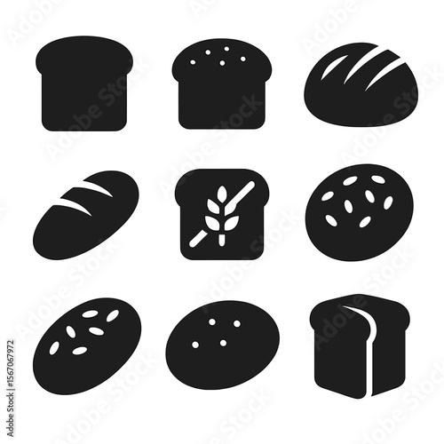 Bread Icons Grid. Solid, filled icon set of bread types: white bread, whole wheat, rye bread, multigrain, gluten-free, oat bread,