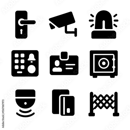 Business Security Icons. Solid, filled icon set of physical security for businesses: door lock, security camera, alarm system,